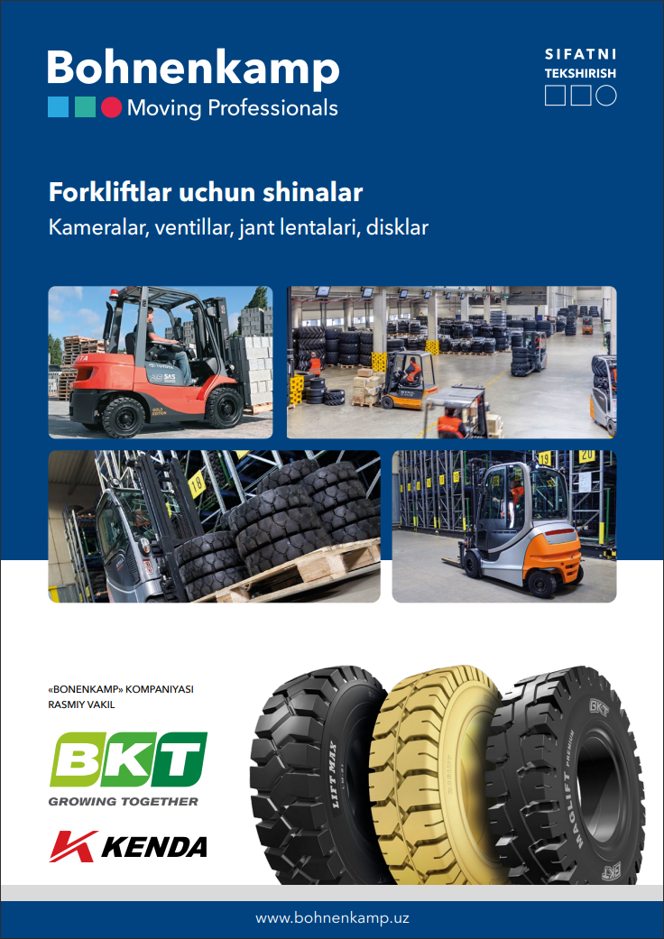 Forkliftlar uchun shinalar. Kameralar, ventillar, jant lentalari, disklar.