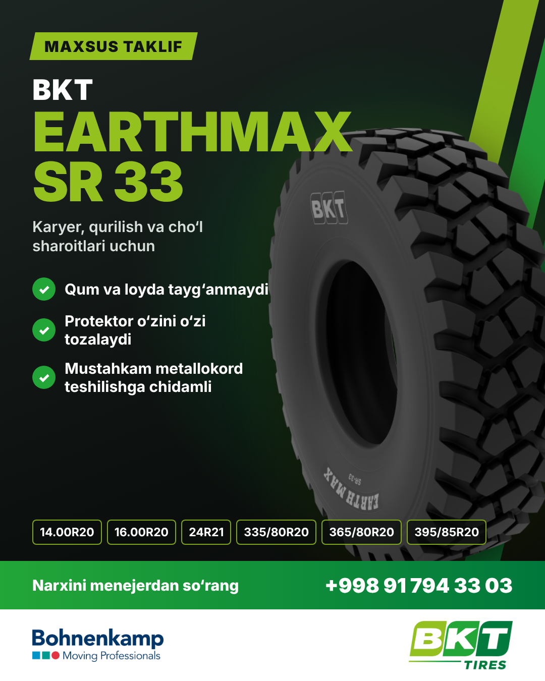 BKT EARTHMAX SR 33 — maxsus taklif!